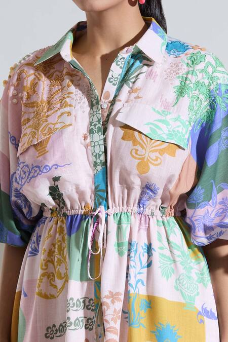 Pankaj & Nidhi_Multi Color Embroidery Collared Floral Print Tie-up Dress _at_Aza_Fashions