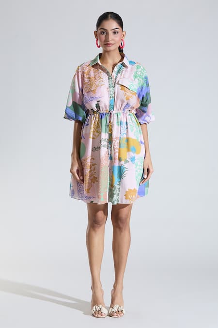 Shop_Pankaj & Nidhi_Multi Color Embroidery Collared Floral Print Tie-up Dress _at_Aza_Fashions