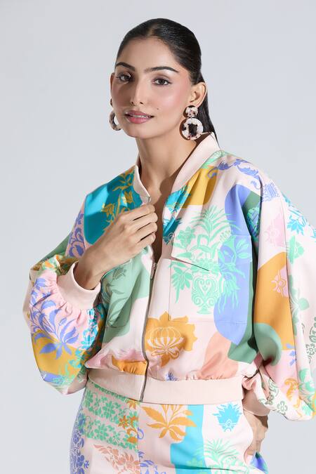 Buy_Pankaj & Nidhi_Multi Color Cotton Embroidery High Neck Floral Print Jacket And Pant Co-ord Set _Online_at_Aza_Fashions