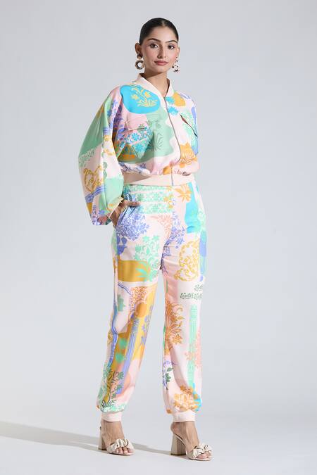 Shop_Pankaj & Nidhi_Multi Color Cotton Embroidery High Neck Floral Print Jacket And Pant Co-ord Set _Online_at_Aza_Fashions