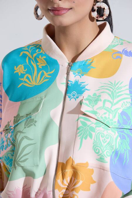 Pankaj & Nidhi_Multi Color Cotton Embroidery High Neck Floral Print Jacket And Pant Co-ord Set _at_Aza_Fashions