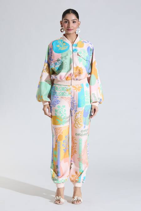 Buy_Pankaj & Nidhi_Multi Color Cotton Embroidery High Neck Floral Print Jacket And Pant Co-ord Set 
