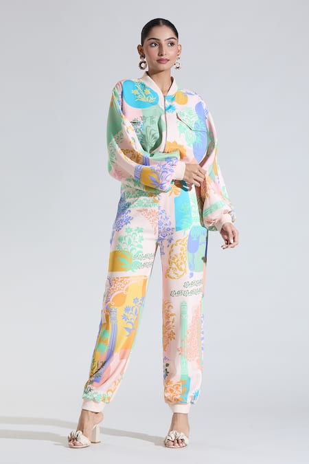 Shop_Pankaj & Nidhi_Multi Color Cotton Embroidery High Neck Floral Print Jacket And Pant Co-ord Set _at_Aza_Fashions
