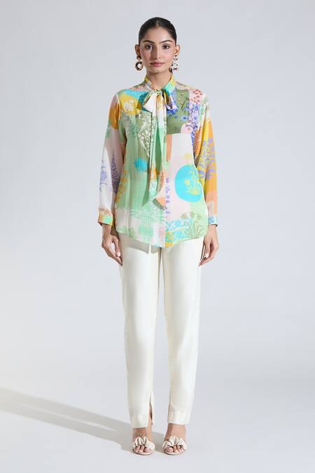 Pankaj & Nidhi Multi Color Sequins, Cut Work Turtle Neck Floral Print Shirt Online at Aza Fashions Pankaj & Nidhi_Multi Color Sequins, Cut Work Turtle Neck Floral Print Shirt _Online_at_Aza_Fashions