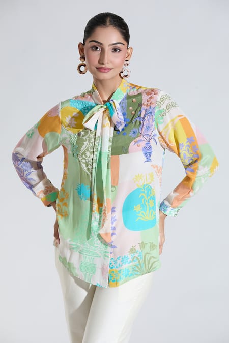 Shop Pankaj & Nidhi Multi Color Sequins, Cut Work Turtle Neck Floral Print Shirt Online at Aza Fashions Shop_Pankaj & Nidhi_Multi Color Sequins, Cut Work Turtle Neck Floral Print Shirt _Online_at_Aza_Fashions