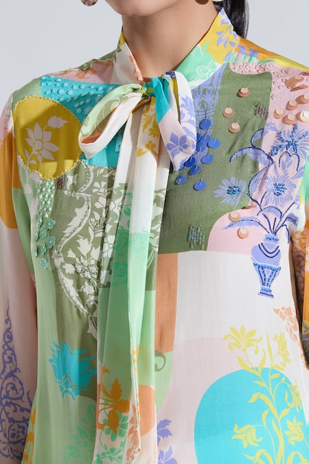 Pankaj & Nidhi Multi Color Sequins, Cut Work Turtle Neck Floral Print Shirt at Aza Fashions Pankaj & Nidhi_Multi Color Sequins, Cut Work Turtle Neck Floral Print Shirt _at_Aza_Fashions