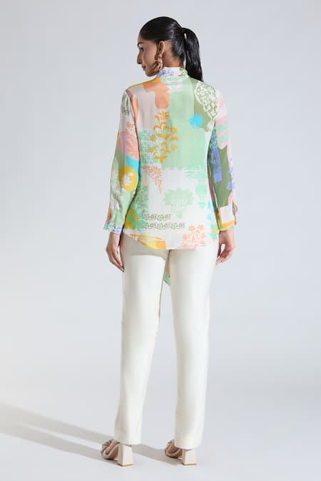 Shop Pankaj & Nidhi Multi Color Sequins, Cut Work Turtle Neck Floral Print Shirt at Aza Fashions Shop_Pankaj & Nidhi_Multi Color Sequins, Cut Work Turtle Neck Floral Print Shirt _at_Aza_Fashions