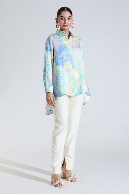 Pankaj & Nidhi Multi Color Sequins, Cut Work Collared Floral Print Shirt Online at Aza Fashions Pankaj & Nidhi_Multi Color Sequins, Cut Work Collared Floral Print Shirt _Online_at_Aza_Fashions