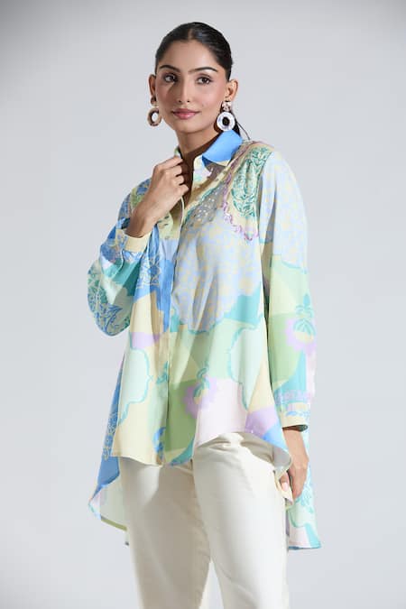 Shop Pankaj & Nidhi Multi Color Sequins, Cut Work Collared Floral Print Shirt Online at Aza Fashions Shop_Pankaj & Nidhi_Multi Color Sequins, Cut Work Collared Floral Print Shirt _Online_at_Aza_Fashions