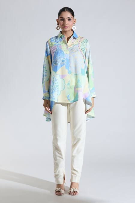 Pankaj & Nidhi Multi Color Sequins, Cut Work Collared Floral Print Shirt at Aza Fashions Pankaj & Nidhi_Multi Color Sequins, Cut Work Collared Floral Print Shirt _at_Aza_Fashions