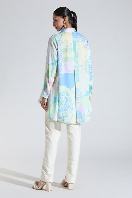 Shop Pankaj & Nidhi Multi Color Sequins, Cut Work Collared Floral Print Shirt at Aza Fashions Shop_Pankaj & Nidhi_Multi Color Sequins, Cut Work Collared Floral Print Shirt _at_Aza_Fashions