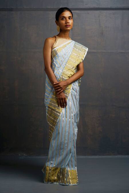 Rouka By Sreejith Jeevan_Blue Handloom Cotton Zari Handwoven Saree With Unstitched Blouse Piece _Online_at_Aza_Fashions