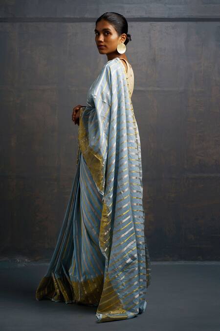 Buy_Rouka By Sreejith Jeevan_Blue Handloom Cotton Zari Handwoven Saree With Unstitched Blouse Piece _Online_at_Aza_Fashions