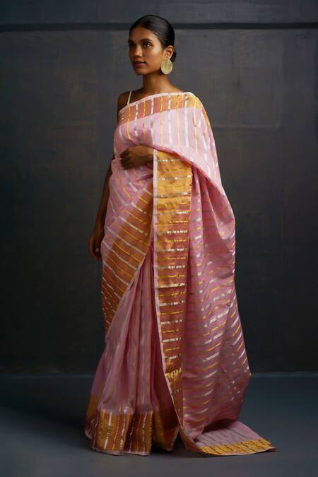Rouka By Sreejith Jeevan_Pink Handloom Cotton Zari Handwoven Striped Saree With Unstitched Blouse Piece _Online_at_Aza_Fashions