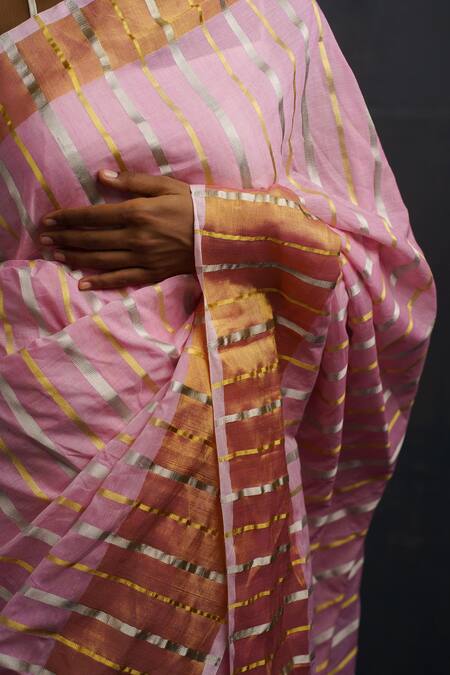 Buy_Rouka By Sreejith Jeevan_Pink Handloom Cotton Zari Handwoven Striped Saree With Unstitched Blouse Piece _Online_at_Aza_Fashions