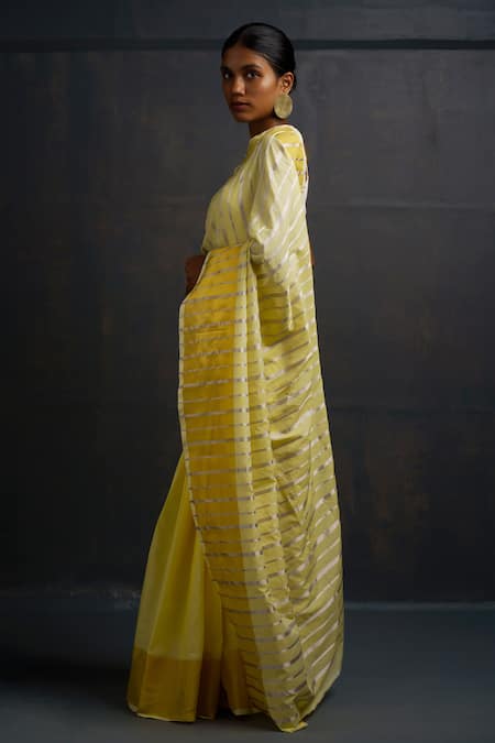 Rouka By Sreejith Jeevan_Yellow Handloom Cotton Zari Handwoven Saree With Unstitched Blouse Piece _Online_at_Aza_Fashions
