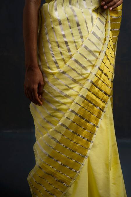 Shop_Rouka By Sreejith Jeevan_Yellow Handloom Cotton Zari Handwoven Saree With Unstitched Blouse Piece _Online_at_Aza_Fashions