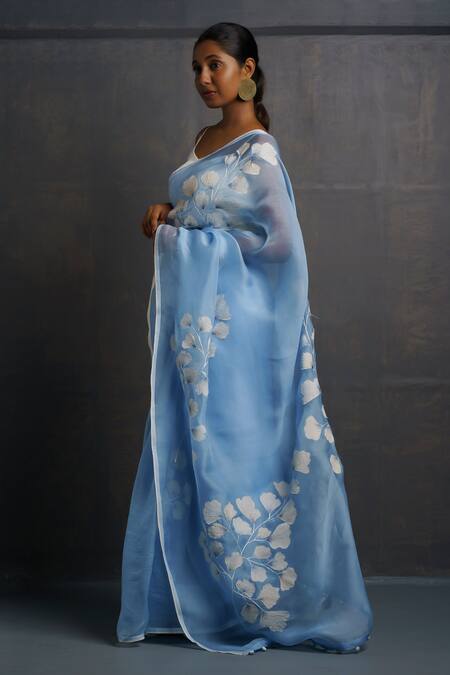 Rouka By Sreejith Jeevan Blue Organza Embroidery Floral Saree With Unstitched Blouse Piece Online at Aza Fashions Rouka By Sreejith Jeevan_Blue Organza Embroidery Floral Saree With Unstitched Blouse Piece _Online_at_Aza_Fashions