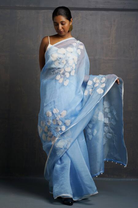Buy Rouka By Sreejith Jeevan Blue Organza Embroidery Floral Saree With Unstitched Blouse Piece Online at Aza Fashions Buy_Rouka By Sreejith Jeevan_Blue Organza Embroidery Floral Saree With Unstitched Blouse Piece _Online_at_Aza_Fashions