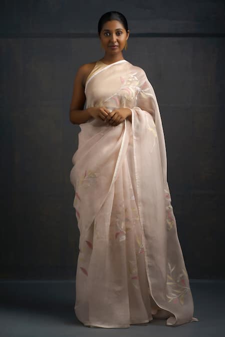 Rouka by Sreejith Jeevan Pink Pure Organza Embroidered Leaf Saree With Unstitched Blouse Piece 