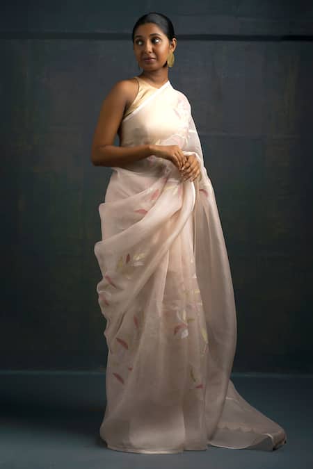 Rouka By Sreejith Jeevan_Pink Organza Embroidery Leaf Saree With Unstitched Blouse Piece _Online_at_Aza_Fashions