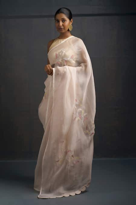 Buy_Rouka By Sreejith Jeevan_Pink Organza Embroidery Leaf Saree With Unstitched Blouse Piece _Online_at_Aza_Fashions