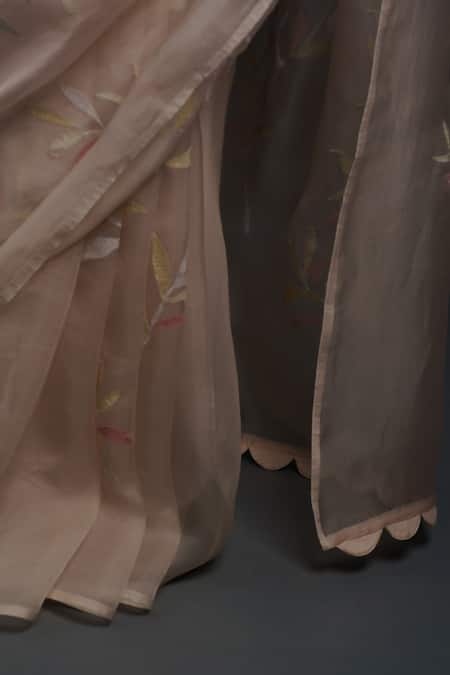 Shop_Rouka By Sreejith Jeevan_Pink Organza Embroidery Leaf Saree With Unstitched Blouse Piece _Online_at_Aza_Fashions