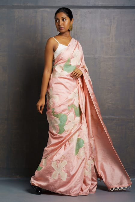 Rouka By Sreejith Jeevan_Peach Silk Embroidery Saree With Unstitched Blouse Piece _Online_at_Aza_Fashions