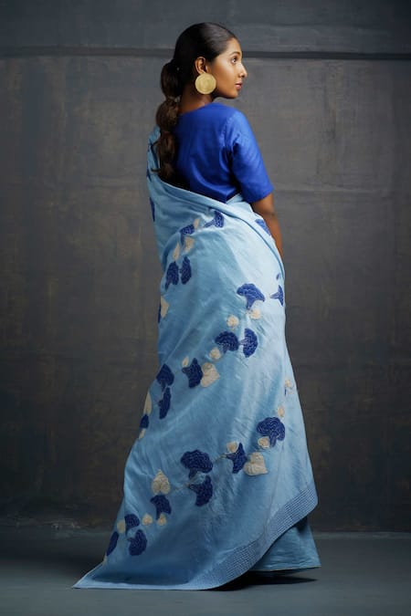 Buy_Rouka By Sreejith Jeevan_Blue Silk Embroidery Floral Saree With Unstitched Blouse Piece _Online_at_Aza_Fashions