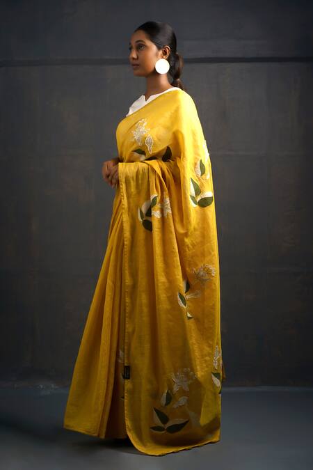 Rouka By Sreejith Jeevan_Yellow Cotton, Silk Embroidery Leaf Applique Saree With Unstitched Blouse Piece _Online_at_Aza_Fashions
