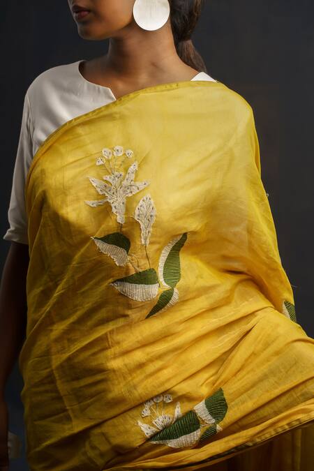 Shop_Rouka By Sreejith Jeevan_Yellow Cotton, Silk Embroidery Leaf Applique Saree With Unstitched Blouse Piece _Online_at_Aza_Fashions
