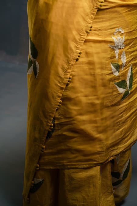 Rouka By Sreejith Jeevan_Yellow Cotton, Silk Embroidery Leaf Applique Saree With Unstitched Blouse Piece _at_Aza_Fashions