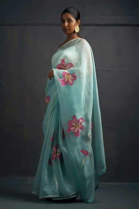 Rouka By Sreejith Jeevan_Green Organza Embroidery Floral Applique Saree With Unstitched Blouse Piece _Online_at_Aza_Fashions