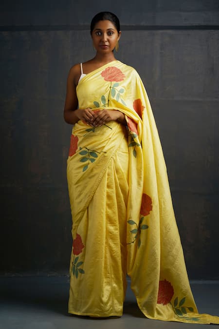 Rouka by Sreejith Jeevan Yellow Silk Embroidered Floral Rose Saree With Unstitched Blouse Piece 