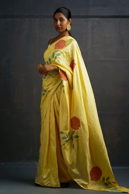 Rouka By Sreejith Jeevan Yellow Silk Embroidery, Applique Rose Saree With Unstitched Blouse Piece Online at Aza Fashions Rouka By Sreejith Jeevan_Yellow Silk Embroidery, Applique Rose Saree With Unstitched Blouse Piece _Online_at_Aza_Fashions