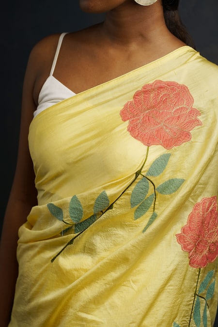 Shop Rouka By Sreejith Jeevan Yellow Silk Embroidery, Applique Rose Saree With Unstitched Blouse Piece Online at Aza Fashions Shop_Rouka By Sreejith Jeevan_Yellow Silk Embroidery, Applique Rose Saree With Unstitched Blouse Piece _Online_at_Aza_Fashions
