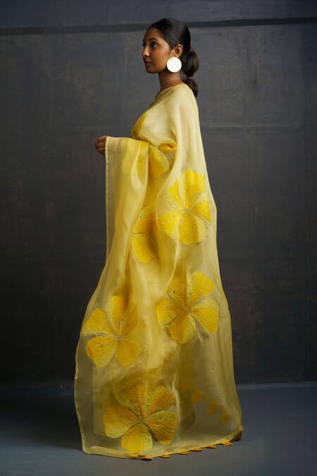 Rouka By Sreejith Jeevan_Yellow Organza Embroidery Monochrome Floral Saree With Unstitched Blouse Piece _Online_at_Aza_Fashions