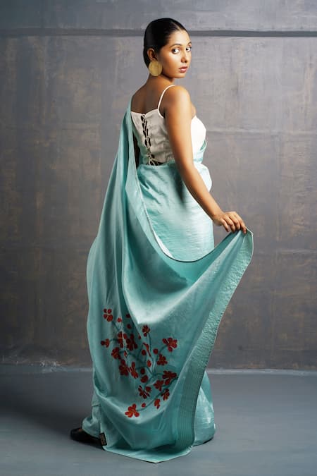 Rouka By Sreejith Jeevan Silk Applique Embroidered Saree With Unstitched Blouse Piece 