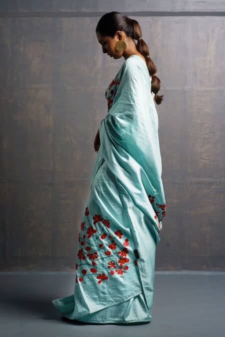 Rouka By Sreejith Jeevan_Green Silk Embroidery Applique Saree With Unstitched Blouse Piece _Online_at_Aza_Fashions