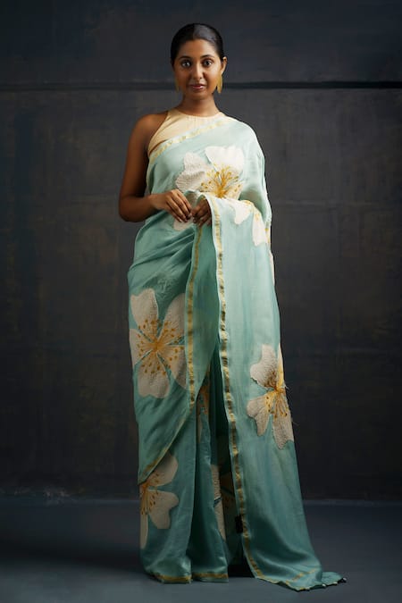 Rouka by Sreejith Jeevan Green Cotton Silk Embroidered Floral Saree With Unstitched Blouse Piece
