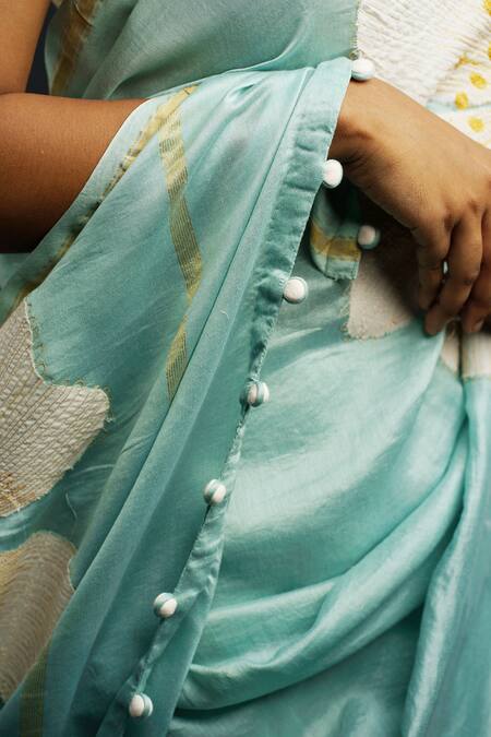 Buy_Rouka By Sreejith Jeevan_Green Cotton, Silk Applique Embroidered Saree With Unstitched Blouse Piece _Online_at_Aza_Fashions