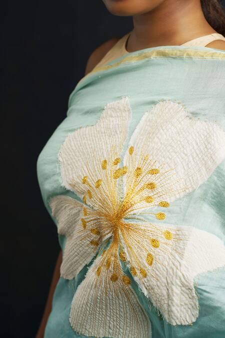 Shop_Rouka By Sreejith Jeevan_Green Cotton, Silk Applique Embroidered Saree With Unstitched Blouse Piece _Online_at_Aza_Fashions