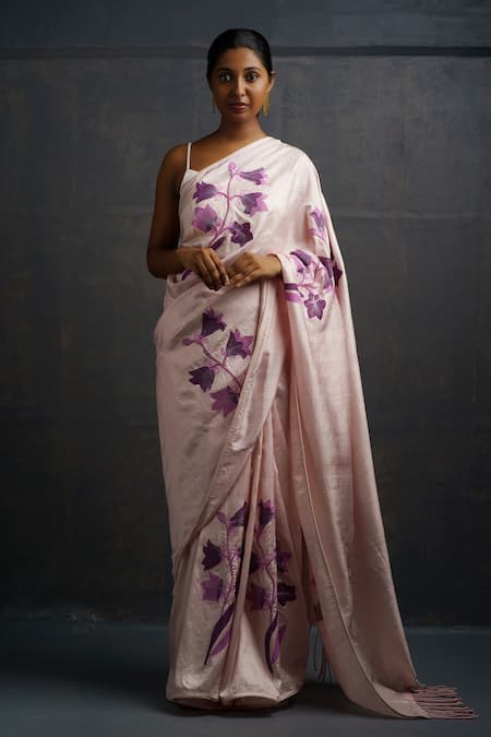 Rouka by Sreejith Jeevan Purple Silk Embroidered Floral Placement Saree With Unstitched Blouse Piece 