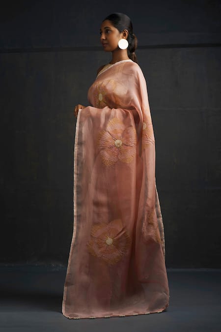 Rouka By Sreejith Jeevan_Peach Organza Embroidery Floral Saree With Unstitched Blouse Piece _Online_at_Aza_Fashions