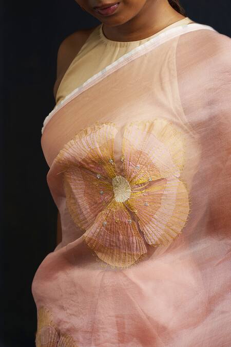 Shop_Rouka By Sreejith Jeevan_Peach Organza Embroidery Floral Saree With Unstitched Blouse Piece _Online_at_Aza_Fashions