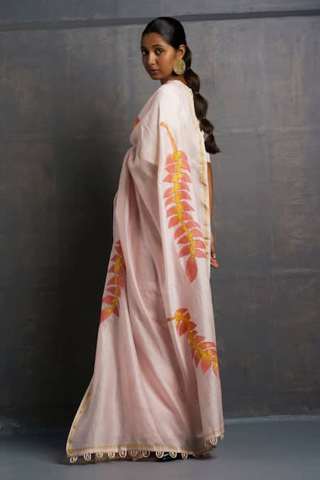 Rouka By Sreejith Jeevan Abstract Leaf Embroidered Saree With Unstitched Blouse Piece 