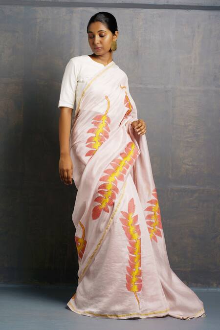 Rouka By Sreejith Jeevan Pink Cotton, Silk Embroidery, Abstract Leaf Saree With Unstitched Blouse Piece Online at Aza Fashions Rouka By Sreejith Jeevan_Pink Cotton, Silk Embroidery, Abstract Leaf Saree With Unstitched Blouse Piece _Online_at_Aza_Fashions