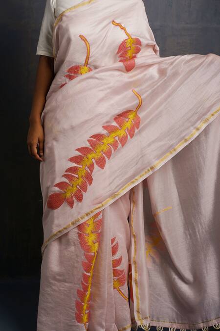 Shop Rouka By Sreejith Jeevan Pink Cotton, Silk Embroidery, Abstract Leaf Saree With Unstitched Blouse Piece Online at Aza Fashions Shop_Rouka By Sreejith Jeevan_Pink Cotton, Silk Embroidery, Abstract Leaf Saree With Unstitched Blouse Piece _Online_at_Aza_Fashions