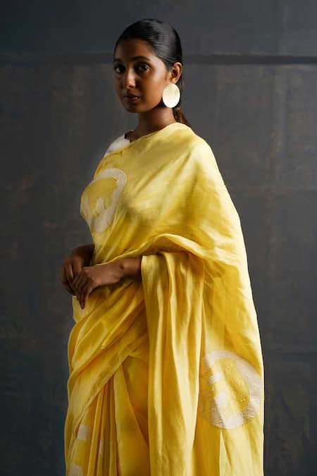 Rouka By Sreejith Jeevan_Yellow Cotton, Silk Applique, Elephant Saree With Unstitched Blouse Piece _Online_at_Aza_Fashions