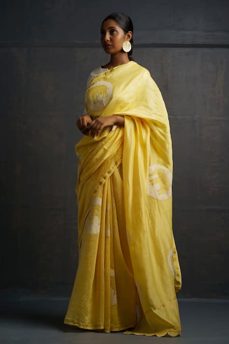 Buy_Rouka By Sreejith Jeevan_Yellow Cotton, Silk Applique, Elephant Saree With Unstitched Blouse Piece _Online_at_Aza_Fashions